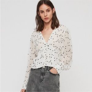 All Saints White Chiffon Blouse W/Black Embroidered Hearts V Button Front Size 4
